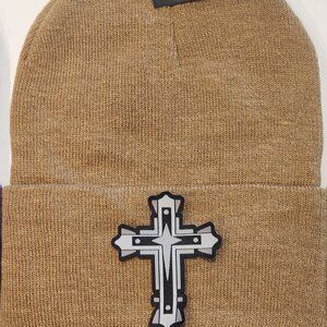 Cross Patched Knit Cuffed Beanie in Caramel